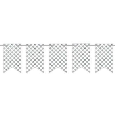 Pennant Banner White with Silver Dots 12 Pennants and 20 Feet of Ribbon New - $3.25