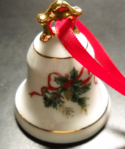 Limoges Castel Bell Christmas Ornament Wreath Holly Berries Gold Bands F... - $6.99