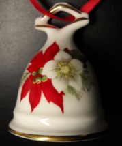 Sunrise Bone China Bell Christmas Ornament Red Poinsettias Made in Canada - £5.57 GBP