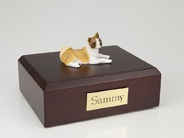 Pet Cremation Urn - Akita, Laying Figurine On Traditional, Small, Oak Wood Urn.  - £133.52 GBP