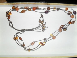  3 Strand Tie Up Necklace , Brown String with Earth Tone Colored Beads  - $5.00
