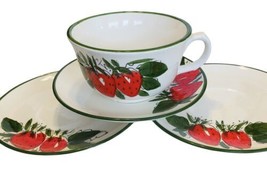 VTG Lg Cup Saucers Japan Hand painted Strawberries Green Leaves Bowl Sou... - $25.30