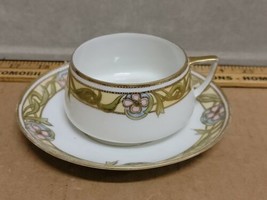 NIPPON hand painted gold trim dotted tea cup and saucer green pink Antique  - $42.85