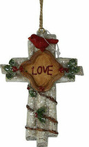 Resin &quot;Love&quot; Cross w/CARDINAL Bird &amp; Holly Berries Christmas Ornament - £7.72 GBP