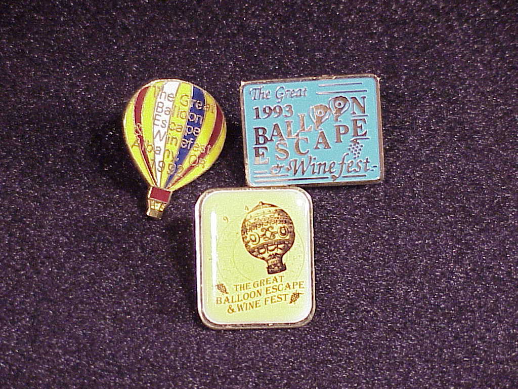 Primary image for Lot of 3 Great Balloon Escape and Winefest Pins from Albany, OR 1992 1993, 1994