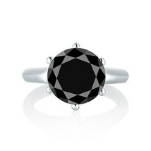 3CT Women&#39;s 6 Prong 14K WG Round Black Sapphire Solitaire Engagement Ring - £261.96 GBP