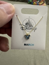 Disney Parks Mickey Mouse Aquamarine March Faux Birthstone Necklace Gold Color  - £26.29 GBP