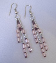 Pink Purple Beaded Handmade Earrings 3 Strand Silver Metal Chain Pierced Dangle  - £19.72 GBP