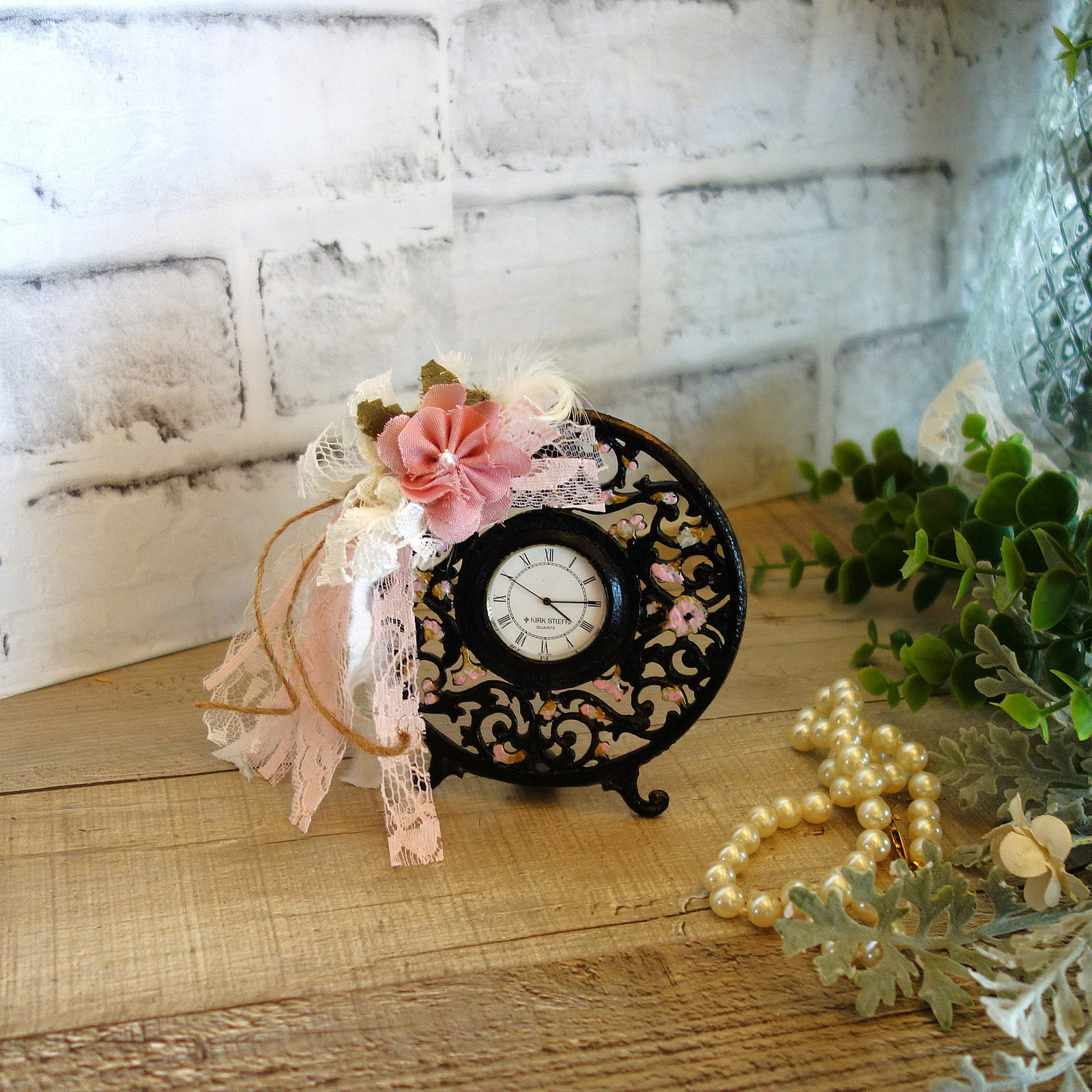 Shabby Chic Romantic Clock Kirk Stieff Quartz French Chic Pink and Black Clock - $42.00