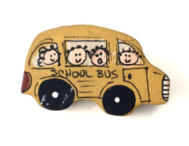 Vintage Wooden Yellow School Bus Pin / Brooch Primitive Style Signed - $10.00