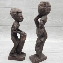 Vintage Wood Art Carved Figures Handmade Man w/ Drum Woman w/ Basket Island - £48.71 GBP