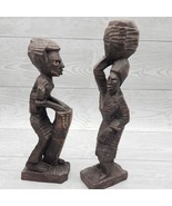 Vintage Wood Art Carved Figures Handmade Man w/ Drum Woman w/ Basket Island - £49.06 GBP