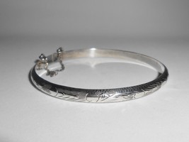 Sterling Bangle Bracelet Etched With Safety Chain - $24.75
