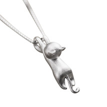 Silver Plated Climbing Swinging Cat Charm Pendant Necklace Matte Finish - $124.51 MXN
