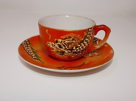 Japanese Demitasse Cup And Saucer Set ~ Orange With Hand Painted Dragons - $19.99