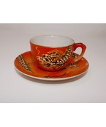 Japanese Demitasse Cup And Saucer Set ~ Orange With Hand Painted Dragons - £15.72 GBP