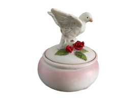 Trinket Box Porcelian White Dove with Roses Round Vintage 3 Inches Tall Ceramic - £9.54 GBP