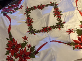 VTG Christmas Linen Tablecloth Poinsettias Red Green Floral Rectangular 42x52 - £21.01 GBP
