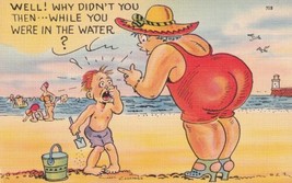 Fat Lady on Beach Asks Antsy Son Why He Didn&#39;t Go In The Water Postcard E12 - £3.24 GBP