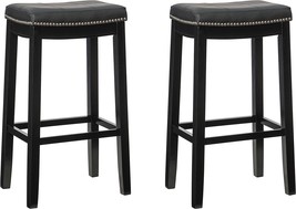 Set Of 2 Black Wooden Backless Barstools By Linon Kingston With Black Faux - £132.87 GBP
