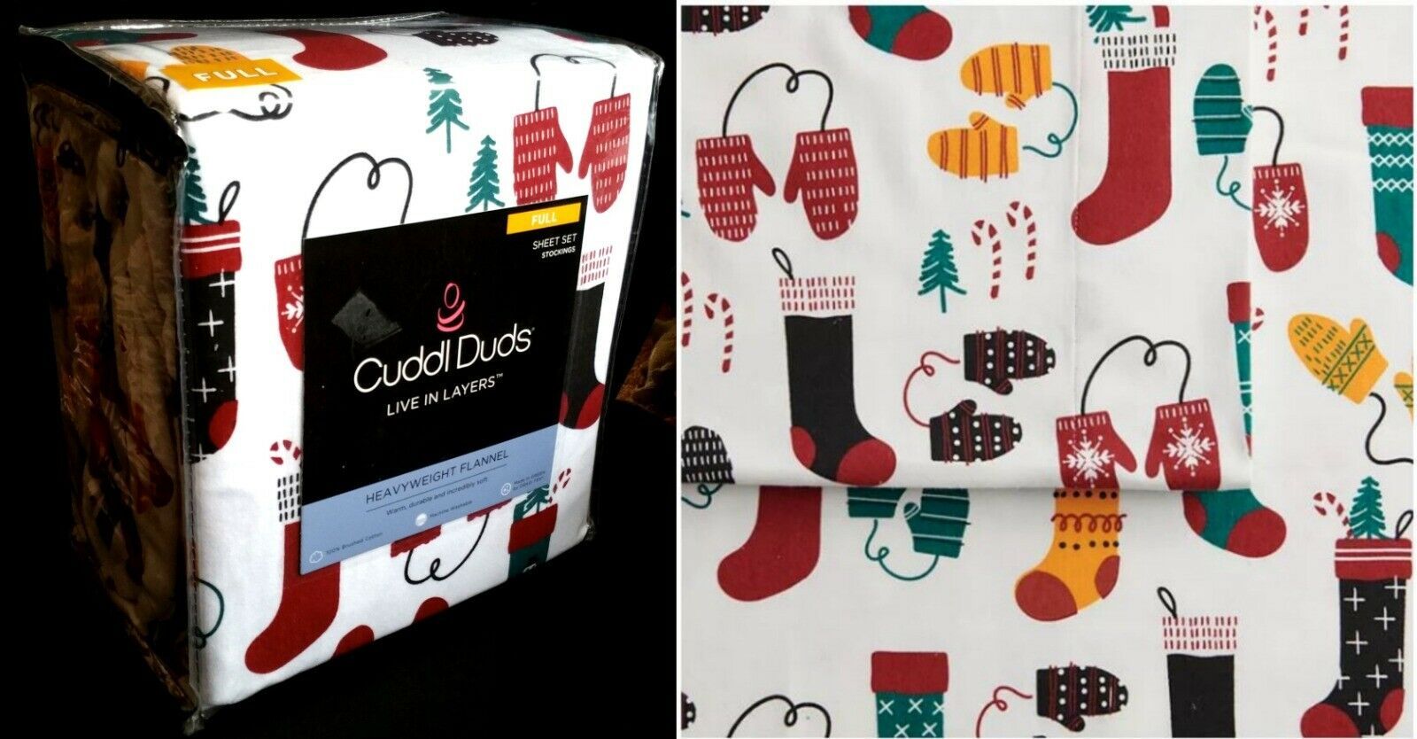 $70 Cuddl Duds Sheet Set Flannel Cotton Stocking Glove Tree Winter Holiday Full - $45.51