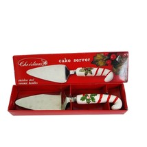 Christmas Pie Cake Server Cheese Knife Set Ceramic Handle Stainless Steel Holly - £18.68 GBP