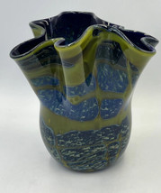 Vase Blue Green Waves Ruffled Handkerchief Art Glass Signed - £22.93 GBP