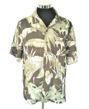 Caribbean Joe Shirt Men&#39;s Large Aloha Linen Dark Olive Green Floral Tropical - £15.21 GBP