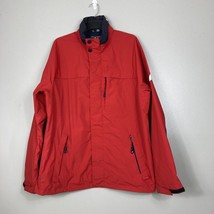 Nautica Jacket Men&#39;s Size Large Red Full Zip Hooded Rain Coat Pockets - £14.67 GBP