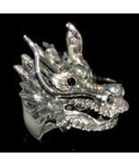 Sterling silver ring Huge Dragon head mythological Animal with 2 Dark Re... - £160.54 GBP