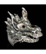 Sterling silver ring Huge Dragon head mythological Animal with 2 Dark Re... - $279.16 CAD