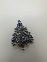 Vintage Silver Blue Rhinestone Rosenberg Christmas Tree Brooch 5cm - £30.87 GBP