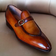Hand Stitch Men Brown Color Classic Office Wear Split Toe Cut Monk Shoes - £127.07 GBP