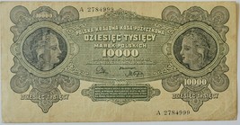 POLAND 10 000 MAREK BANKNOTE 1922  -  BIG SIZE RARE NOTE XF  - $93.11