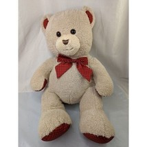 HugFun Tan Bear Plush 21 Inch Red Plaid Ears Bow Paws Stuffed Animal Toy - $22.95