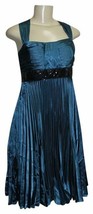 JS COLLECTIONS Teal Pleated Sleeveless Satin W/ Sequined Line Short DRES... - £37.31 GBP