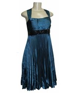 JS COLLECTIONS Teal Pleated Sleeveless Satin W/ Sequined Line Short DRES... - $861.77 MXN