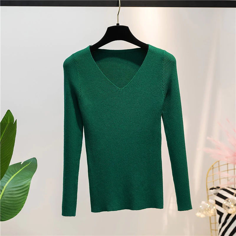 Dark Green Autumn And Winter V-neck Knitted Long-sleeved Slim - £28.63 GBP