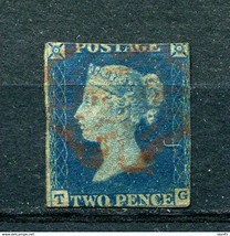 Great Britain 1840 Used Imperf 2nd stamp 2p blue TG Cut to frame Malt Cr... - $148.50