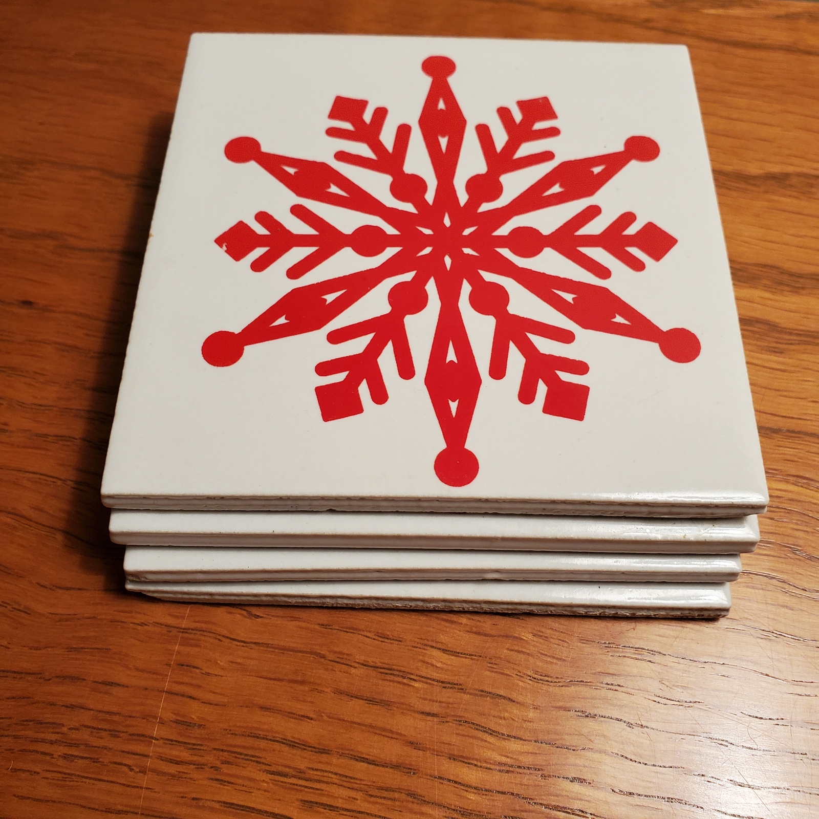 Coasters, set of 4, Red Snowflake on White, Glazed ceramic, cork backing - $13.99