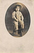 CUTE YOUNG BOY-BIBBED OVERALLS + STRAW HAT~1906 REAL PHOTO POSTCARD-CRES... - $10.41