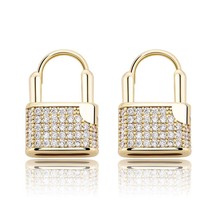 TOPGRILLZ Hip Hop Lock Earrings Iced Cubic Zirconia Earrings  Gold Micro Pave Cu - £19.74 GBP