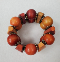 Wood Bracelet Chunky Stretchy Round Beaded Boho Bangel Country Core Orange - $14.03