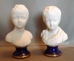 Porcelain Bisque Figurine Busts,Boy and Girl  on Painted Colbalt Blue Bases - Ma - £21.57 GBP