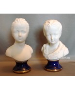 Porcelain Bisque Figurine Busts,Boy and Girl  on Painted Colbalt Blue Ba... - £21.10 GBP