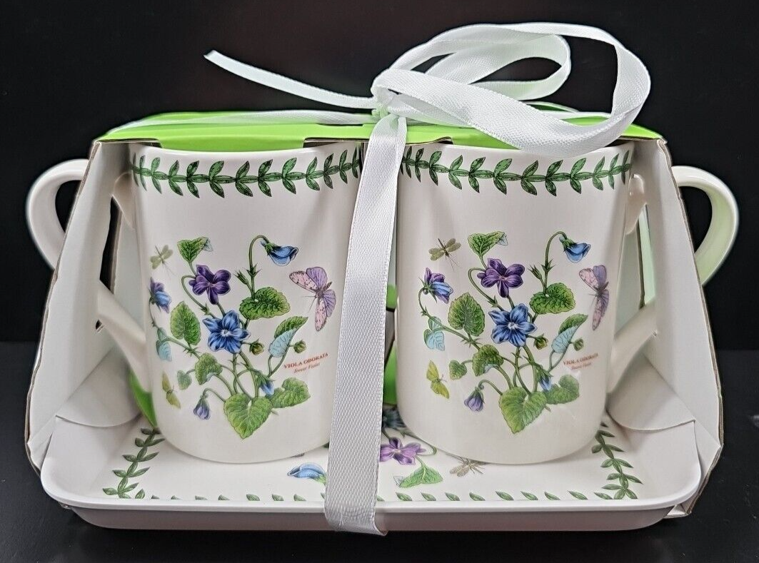 Portmeirion Botanic Garden Sweet Violet Mugs Melamine Tray Set Floral Bu... - $39.27