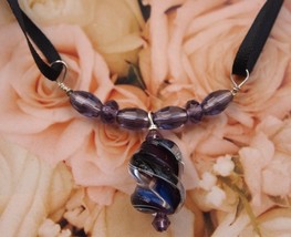 Purple Swirl Glass Pendant and Ribbon Necklace  - £11.98 GBP