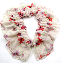 Women new ivory orange red floral print frilly long soft scarf - $9,999.00