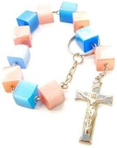 Religious Cross 12&quot; Long Dangle Key Chain Pink &amp; Blue Squares Automotive... - £7.10 GBP