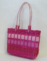 Pink Straw Purse Ribbon Trim Tote Handbag Double Handles Fabric Lined Be... - $28.00